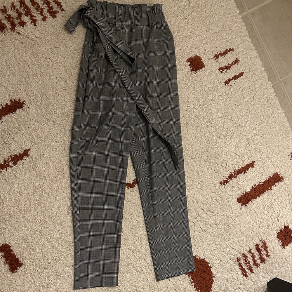 Gray Checkered Women's Pants with Belt